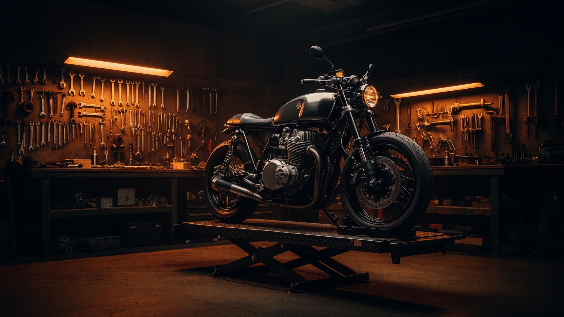 Custom motorcycle in a California workshop with amber lighting